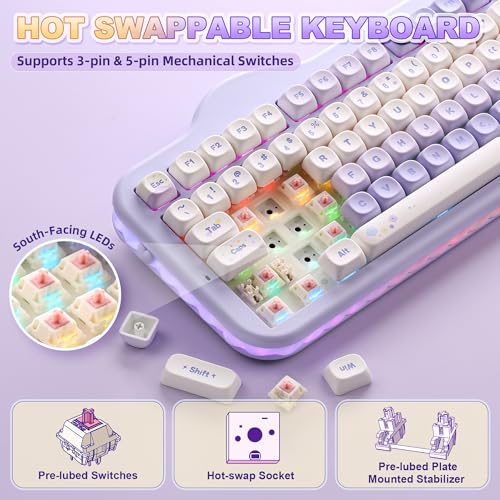 YUNZII C98 Wireless Mechanical Keyboard with Number Pad,98 Key BT5.0/2.4G/USB-C Hot Swap Gasket Mount with PBT MOA Keycaps,Custom RGB,Cute Cake Keyboard for Win/Mac (Purple, Candy Linear Switch)
