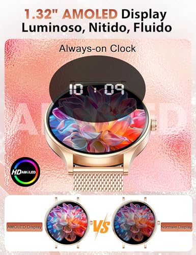 Smartwatch Donna,8mm Ultra Sottile,1.32" AMOLED Smart Watches con 7 Giorni di Batteria,Chiamate BLE5.3,Frequenza cardiaca, SpO2, Sonno, Contapassi,IP68 Orologio Fitness per Android/iOS,Oro Rosa