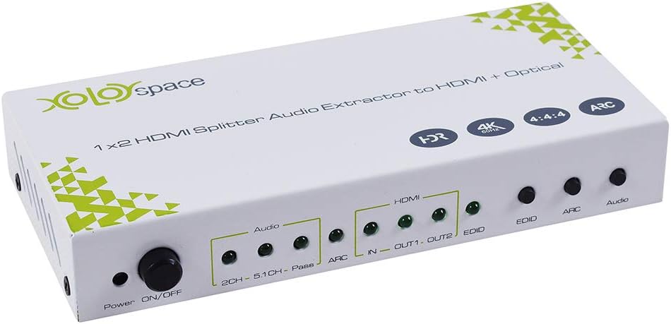 XOLORspace63021PRO 1x2 4K 60HZ HDMI Splitter YCbCr 4:4:4 8 bit HDR 1 HDMI input 1 HDMI audio/video output and 1 HDMI audio output only, with audio extractor Optical, stereo audio out