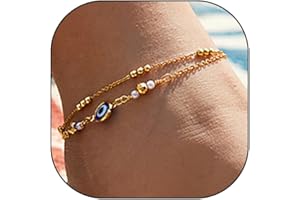 Rrdaily 14K Gold Evil Eye Statement Anklets, Adjustable Double Layer Gold Beaded Cross Anklets, Blessing Protecting Jewelry Gifts for Women Teen Girls