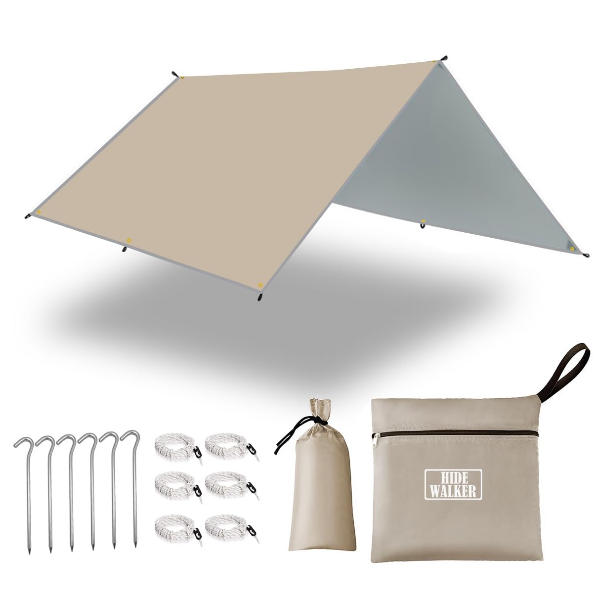 HIDEWALKER Camping Tarp Shelter 3x3m 3x4m 3x5m Lightweight Tent Tarpaulin Waterproof Tent Awning Canopy Basha Sunshade for Hiking Backpacking (Khaki, 3x3m)
