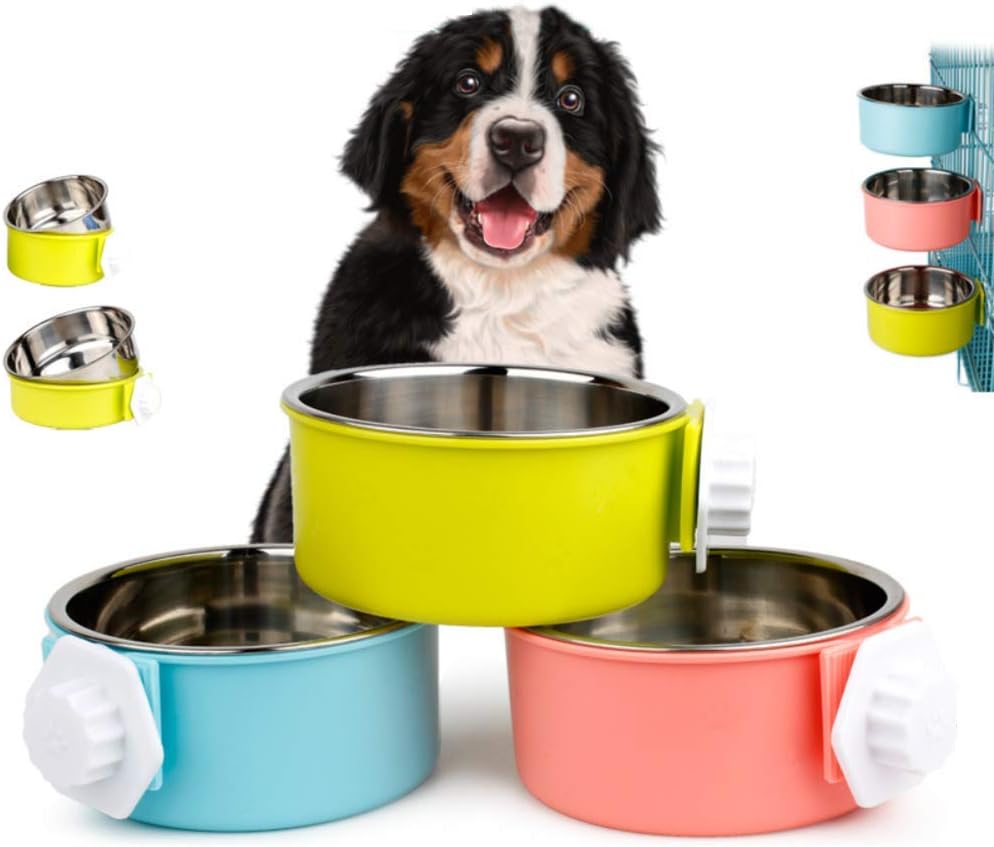 2-in-1 Pet Food Water Hanging Bowl for Crates & Cages Removable Stainless Steel and Plastic Feeder Double Feeding Bowl for Dog Cat Small Animals (L