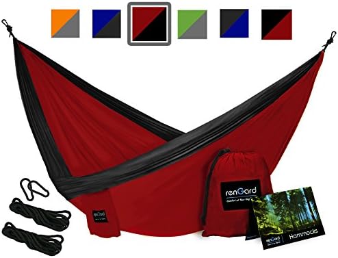 RenGard Portable Camping Hammock – Sturdy and Breathable Parachute Nylon built; Multifunctional; Tri-stitches – Best for both Indoor &amp; Outdoor Camping - Double, Black/Burgundy)