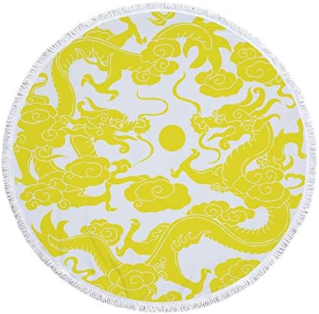 Thick Round Beach Towel Beach Blanket,Yellow Dragon Microfiber Polyester Printed Round Beach Towel Bath Towels Kids Tassels Blanket Home Decor Water Absorption Pad