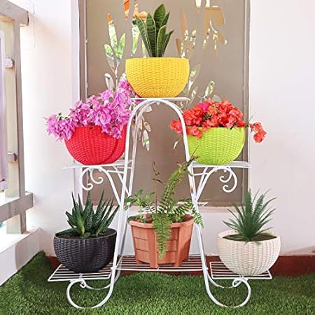 Livzing 6 Tier Metal Plant Pot Stand Display Shelf Indoor Outdoor Flower Rack Holder - Planter Shelves - Home Garden Decor - White