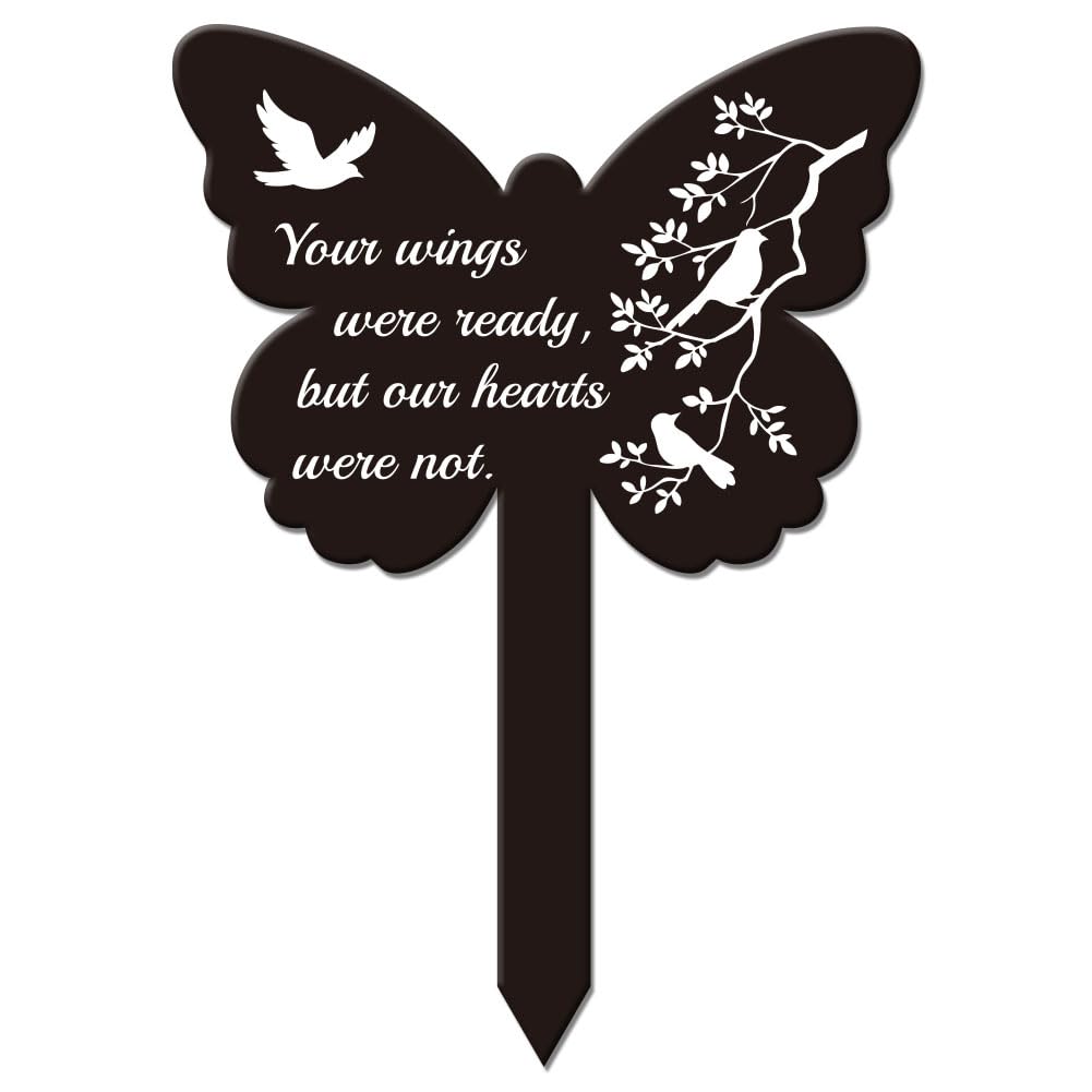 GLOBLELAND Butterfly Shaped Branch Bird Garden Stake Memorial Remembrance Plaque Stake for Cemetery Acrylic Grave Stake Waterproof Sympathy Garden Stake for Yard Grave Cemetery