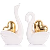 Ceramic Swan Figurines with Golden Heart – Couple Swan Statue for Wedding Figurines, Porcelain Ornaments, Ceramic Sculpture Décor, Bedroom Decor, Valentines Gifts, Anniversary Presents (White Gold)