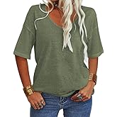 Tankaneo Women's 3/4 Sleeve Shirts V Neck Loose Fitting Tops Casual Solid Color Tshirts Trendy Basic Tunic Summer Ladies Tops