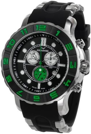 Aquaswiss96XG055 Man's Chronograph Watch Swiss Rugged Collection Black and Green Bezel Silver Case Rubber Strap