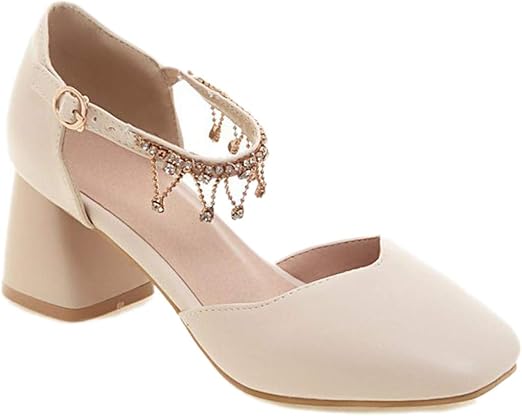 Dengg Women Ankle Strap Shoes Pumps Mid Heel Wedding Bridal Shoes