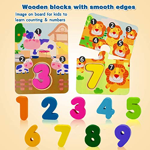 Dreampark Wooden Toys for Kids, Animal Shape Matching Game Number Counting Puzzle Board Educational Montessori Toys for 3 4 5 Years Old, Preschool Learning Color Recognition Blocks for Boys and Girls