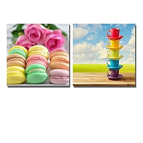 Macarons and Rainbow Color Cups on Wooden Table Over Beautiful Sky and Meadow Background - Canvas Art Wall Art - 12"x12" x 2 Panels