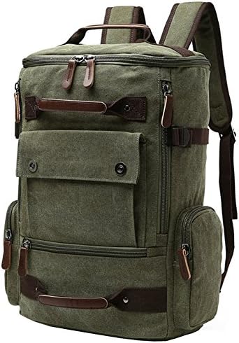 Men Backpack Canvas Rucksack solid color Bucket style large capacity multifunctional Travel Laptop Bag School (armee green)