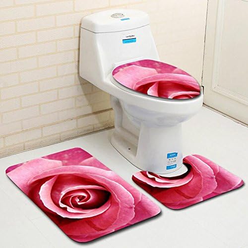 WillsCase 3pcs Bathroom Mat Set 3D Waterdrop Brilliant Rose Flower Pattern Non Slip Bath Rug Microfiber Shower Mat Anti Slip Toilet Mat Sets