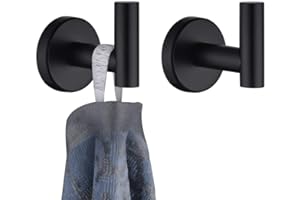 JQK Black Bathroom Towel Hook, Coat Robe Clothes Hook for Bathroom Kitchen Garage Wall Mounted (2 Pack), 304 Stainless Steel Matte Black, TH100-PB-P2