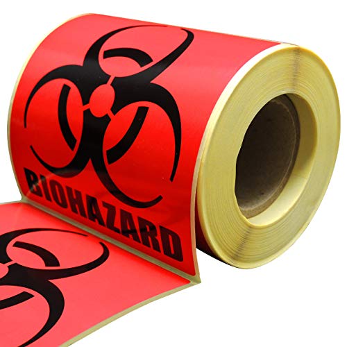 4” x 4” Biohazard Stickers Sign, Roll of 250 Biohazard Warning Labels, Coated Paper, Universal