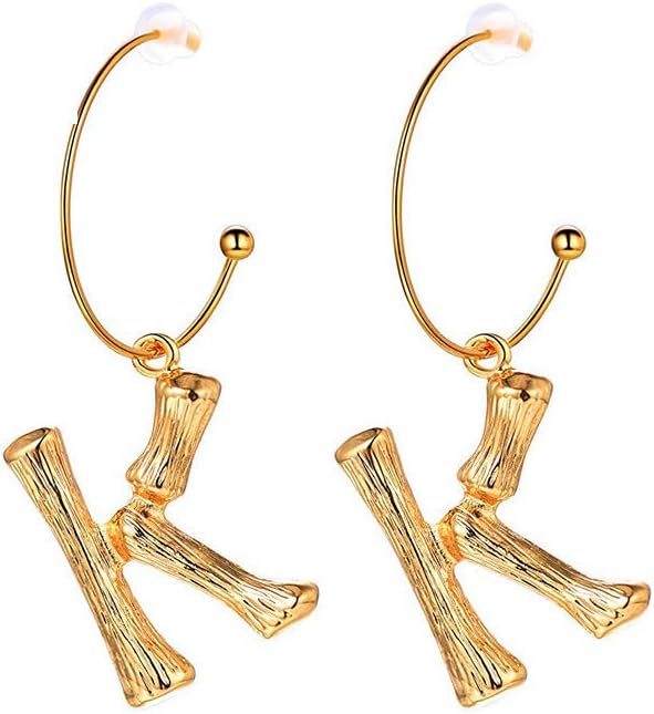 BELUCKIN Golden 26 Letter Initial Charm Bamboo Hoop Dangle Earrings Ear Jewelry Gift for Women Girls