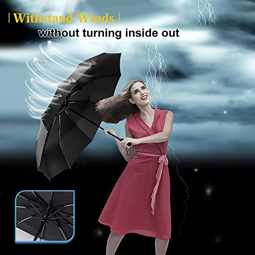 Bodyguard Inverted Windproof Umbrella with Teflon Coating, 10 Ribs Auto Open and Close Travel Umbrella, Portable Reverse Umbrellas with Leather Cover