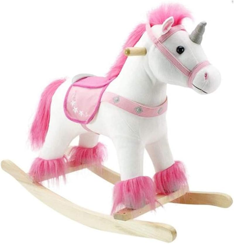 The Rocking Horse Co Pink White Rocking Unicorn Plush Wood Rockers Sounds AA