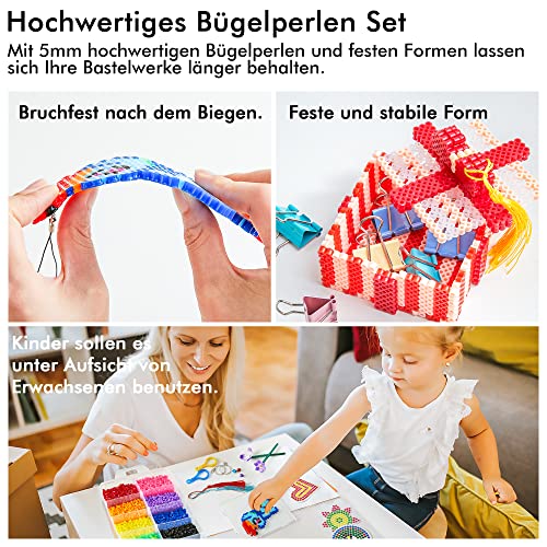 INSCRAFT Ironing Beads Set, 25000 Pieces Large Ironing Beads 5 mm, 26 Colours XL Ironing Beads, Large Ironing Beads with 10 Ironing Paper, 127 Beads Templates and 4 Ironing Beads Plates, Beads from 3 Years