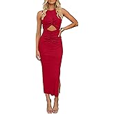 oten Women's Sexy Cut Out Ruched Bodycon Maxi Dress Sleeveless Tie Knot Slit Ribbed Party Club Night Out Dresses