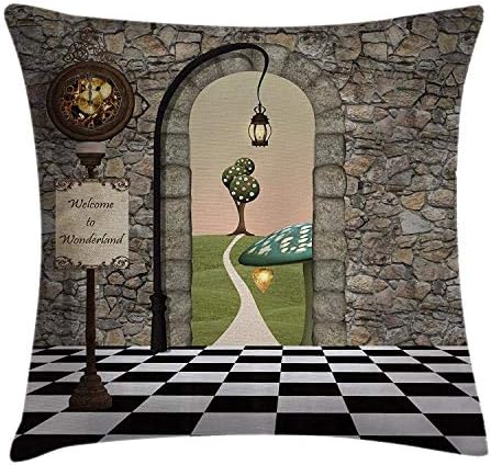 Uwwrticm Alice in Wonderland Throw Pillow Cushion Cover, Welcome Wonderland Black and White Floor Landscape Mushroom Lantern, Decorative Square Accent Pillow Case, 18 X 18 Inches, Multicolor