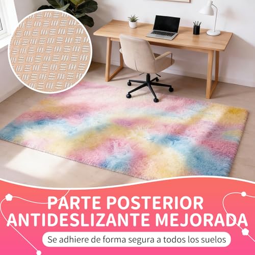 VOFUSHON Living Room Rug 150 cm Rainbow Rug Long Hair Washable Non-Slip Carpet for Bedroom