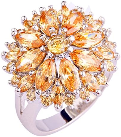 Emsione 925 Sterling Silver Plated Created Flower Citrine&Garnet Multi-Stone Party Club Fashion Ring