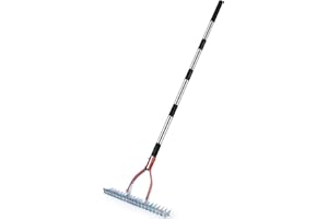 CLUDPARK Thatch Rake, 15inch Wide Dethatcher Rake with Adjustable Stainless Steel Handle, 72Inch Metal Rake for Cleaning Dead Grass, Garden Yard Rake for Grass Grooming, Lawn Loosening Soil Rake with Gloves