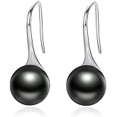 Presentski Black Pearl Dangle Earrings 925 Sterling Silver Classic Round Pearl Tear Drop Hook Earrings Jewelry Birthday Gifts for Women