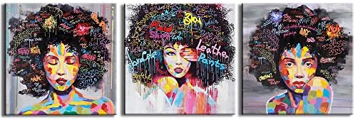 FREE CLOUD Crescent Art 3 Pcs Framed Abstract Pop Black Art African American Wall Art Afro Woman Painting on Canvas Print Wall Picture for Living Room Bedroom Wall Decor …