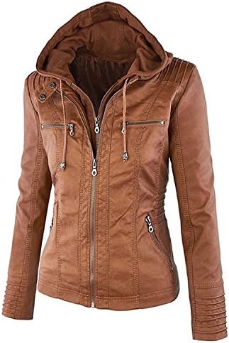 FUDITAI Women's Classic Zip-up Hooded Faux Leather Jacket(Khaki)-4XL