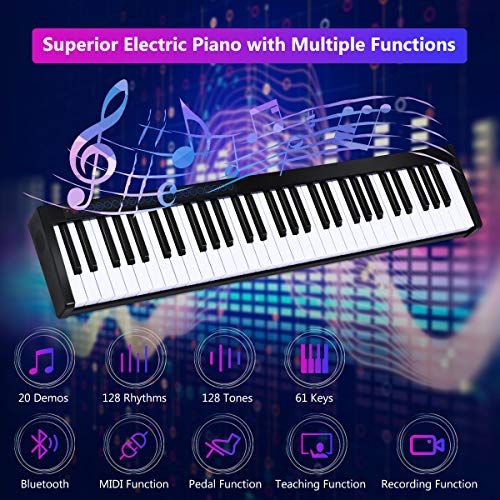 Costzon 61-Key Portable Touch Sensitive Keys Digital Piano, Upgraded Premium Electric Keyboard W/ 128 Rhythm, 128 Tone, Sustain Pedal, MIDI/USB Interface, Power Supply, Bluetooth Function (Black)