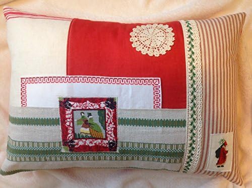 40% OFF CHRISTMAS Art Pillow, Mixed Vintage Textiles, Scandinavian Woven Linen, Hand Needlework Linens, Lace and Doily