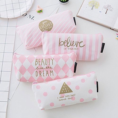 Set of 9, Students School Supply Stationery Organizer Canvas Cosmetic Bag Light Pink Gold Pencil Case Coin Pouch(3 Case, 3 Clips, 3 Pencils)
