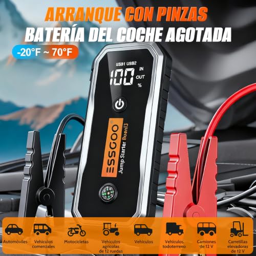 Essgoo Arrancador de Bateria de Auto Portatil con Linterna de Emergencia | Pantalla LED Y Todos Los Accesorios, Jump Starter Coche De 12V (10,0L Gasolina/8,0L Diésel)