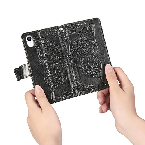 Case for iPhone Xs Max Cover,Embossing Mandala Butterfly Rose Vine Flip Folio Wallet Case PU Leather Stand Card Slots Protective Case Cover + Dust Plug Stylus for iPhone Xs Max Wallet Case,Black - Thumbnail 3