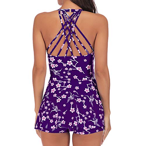 Women Plus Size Print Tankini Swimjupmsuit Swimsuit Beachwear Padded Swimwear Purple - Thumbnail 4