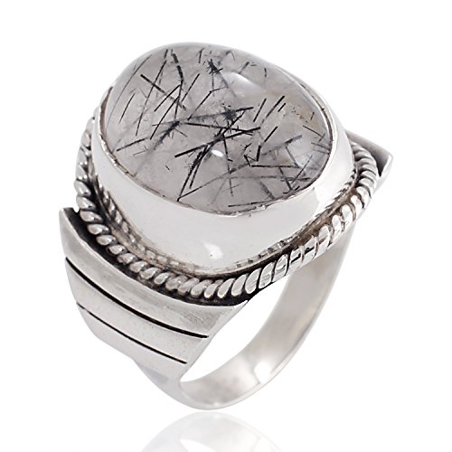 925 Sterling Silver Natural Black Rutile Quartz Gemstone Oval Rope Edge Unisex Band Ring Size 8