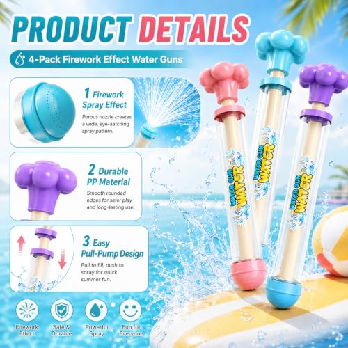 Firework Water Gun 4PCS: Pull-Out Fireworks Spray Water Blaster | Water squirters for kids & adults, ideal for pool, beach, garden and backyard summer water fights
