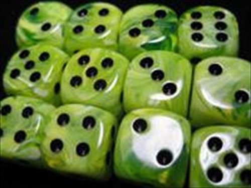 Chessex Dice d6 Sets: Vortex Bright Green with Black - 16mm Six Sided Die (12) Block of Dice