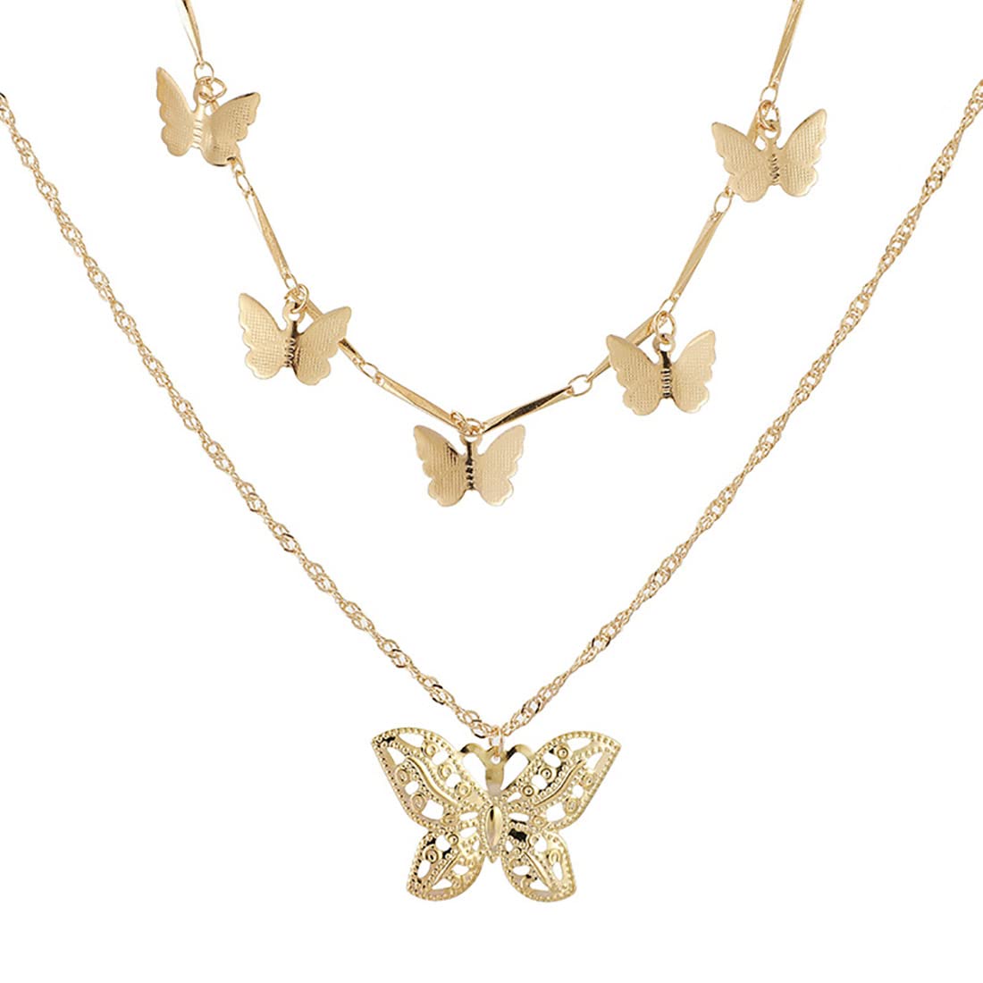 Prosy Boho Layered Rhinestones Butterfly Necklace Gold Pendant Necklace Chain Jewelry Adjustable for Women and Girls (B)