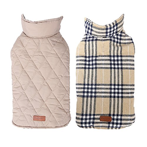 Aolailiya Reversible British style Plaid Dog Vest Winter Coat Warm Dog Apparel for Cold Weather Dog Jacket for Small Medium Large dogs Waterproof Windproof (Beige, L)