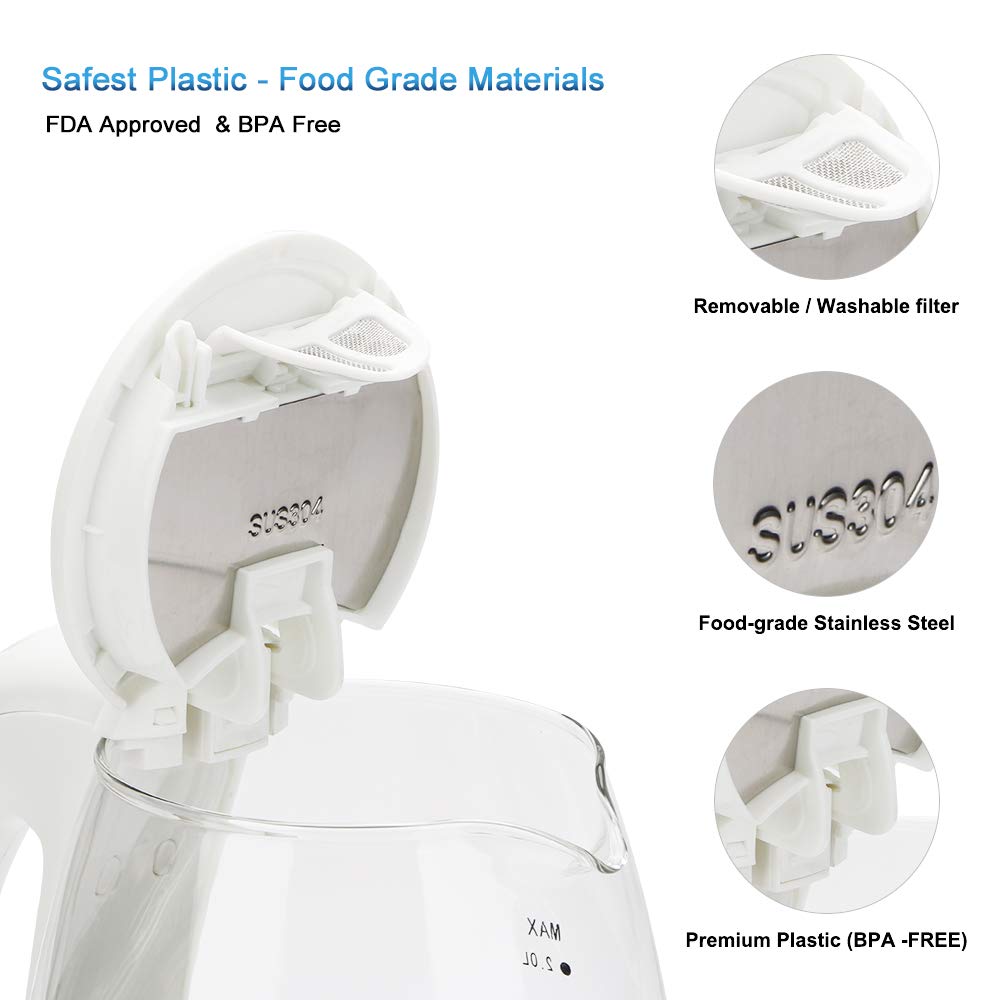 Gohyo 2-Liter Glass Electric Tea Kettle for Fast Boiling, Hot Water Heater Pot with Auto Shut off and Boil-Dry Protection, 1500W, FDA Approved, BPA-Free ( White )