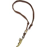 COOLSTEELANDBEYOND Mens Bronze Dragon Horn Tusk Pendant Necklace with Brown Leather Cord, Adjustable