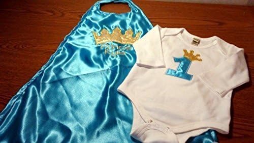 2 piece 1st Birthday baby boy birthday set outfit Smash cake photo prop KING or PRINCE light blue gold crown onesie cape 12 months to 24 months