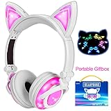 Qiwoo Headphones for Kids Girls Boys Toddlers with Volume Limited Rechargeable Full LED Light Up Wired On/Over Foldable Headphones Travel School Musical Device Tablets, Pink