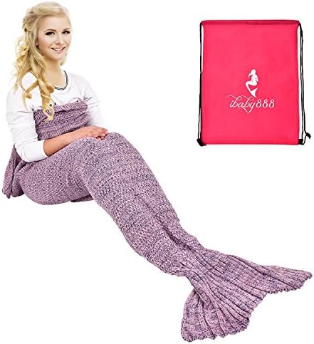 yashidali Wearable Mermaid Tail Blanket, Classic Pattern with Lace, All Seasons Warm Knitted Bed Blanket Sofa Quilt Living Room Sleeping Bag for Adults, 70.9" x 35.5" (180 x 90cm), Light Purple