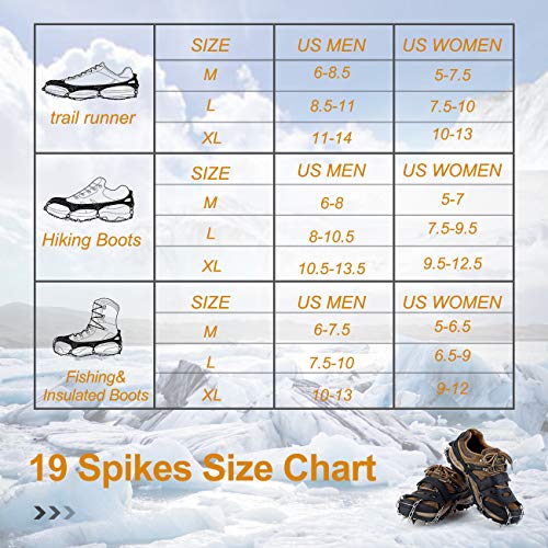 Gelindo Ice Traction Stainless Steel 19 Spikes Crampons for Boots Anti Slip Ice Grip Traction Safe Protection for Hiking, Walking, Climbing, Jogging, Mountaineering on Snow Muddy Road