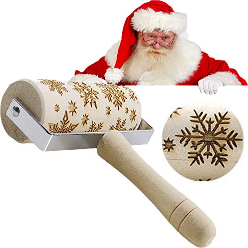 Christmas Wooden Rolling Pins Engraved Embossing Rolling Pin with Christmas Deer snowflake Pattern Christmas Theme Baking Embossed Cookies Noodle Biscuit Fondant Cake Carved Decorative Kitchen Tool - Thumbnail 4